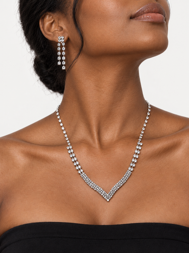 Generic Silver Tone Rhinestone V Necklace and Drop Earrings  Three Piece Jewelry Set
