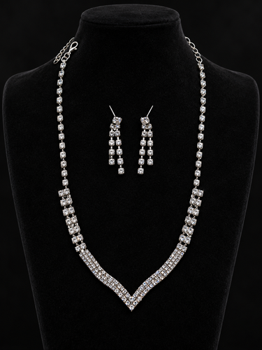 Generic Silver Tone Rhinestone V Necklace and Drop Earrings  Three Piece Jewelry Set