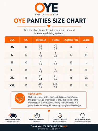 OYE Panties size chart table showing sizing conversions across USA, UK, European, France, Australia/NZ, and Japan forXS through XXL, with an orange and white infographic layout and OYE branding.
