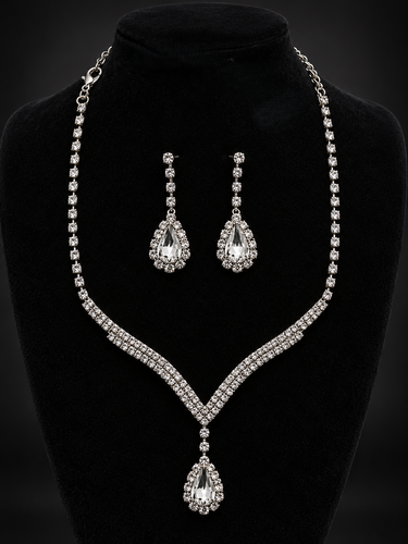 Silver Tone Rhinestone V Shaped Teardrop Pendant Necklace and Matching Drop Earrings Jewelry Set for Women