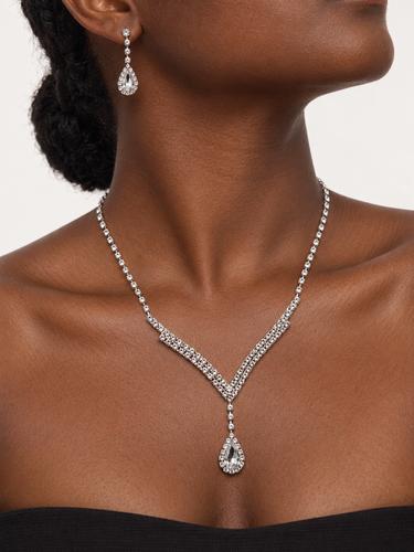 Silver Tone Rhinestone V Shaped Teardrop Pendant Necklace and Matching Drop Earrings Jewelry Set for Women