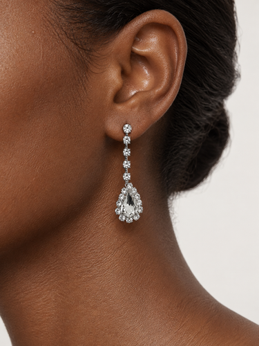 Silver Tone Rhinestone V Shaped Teardrop Pendant Necklace and Matching Drop Earrings Jewelry Set for Women