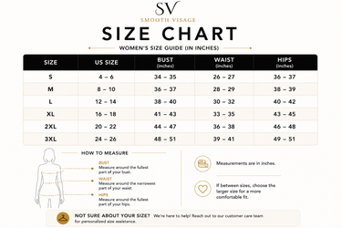 Size chart for women's clothing with measurements in inches