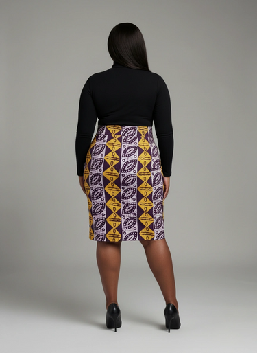 High-waist African print pencil skirt in purple and gold tie-dye, front view