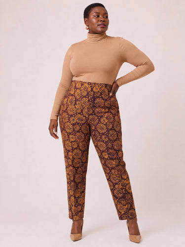 Adire Print High Waist Pants Plus Size Brown Gold African Print Trousers Slim Tapered Ankle Pants Women Work Smart Casual African Occasion Pants