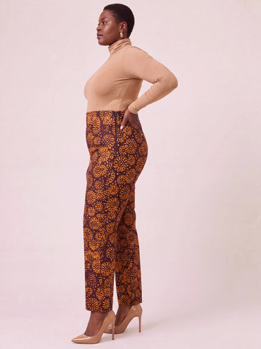 Adire Print High Waist Pants Plus Size Brown Gold African Print Trousers Slim Tapered Ankle Pants Women Work Smart Casual African Occasion Pants