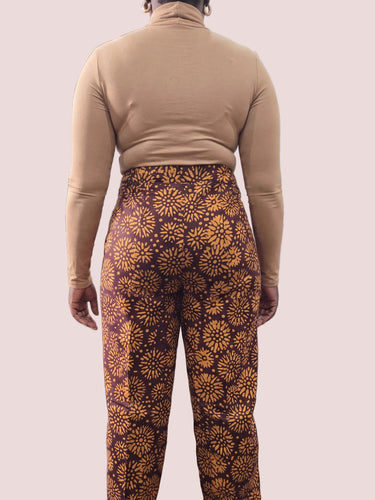 Adire Print High Waist Pants Plus Size Brown Gold African Print Trousers Slim Tapered Ankle Pants Women Work Smart Casual African Occasion Pants