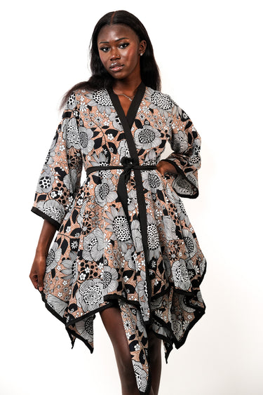 Women's Ankara Floral Print Wrap Style Dress with Belt Asymmetrical Hem and Kimono Sleeves