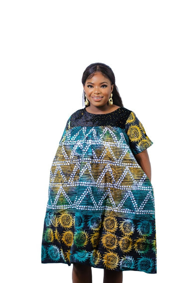 ARIYO Adire African Print Tie - Dye Mini Gown for Women - Smooth Visage