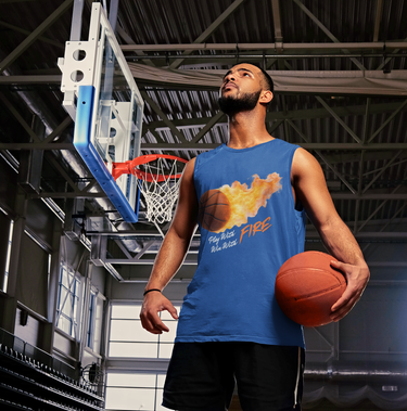 Side view of gym tank with flaming basketball design