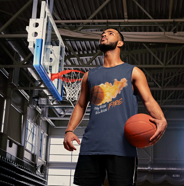 Athletic basketball player in custom “Play With Fire” sleeveless shirt
