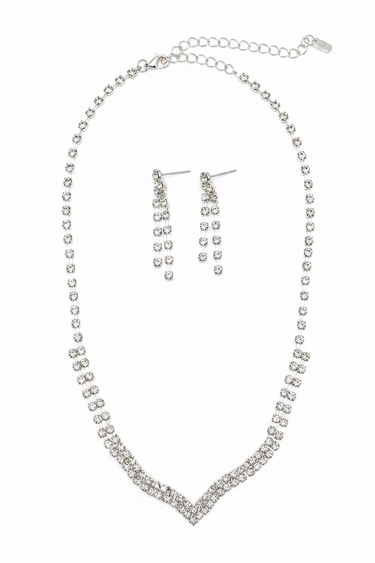 Generic Silver Tone Rhinestone V Necklace and Drop Earrings  Three Piece Jewelry Set