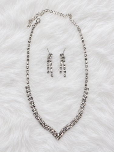 Generic Silver Tone Rhinestone V Necklace and Drop Earrings  Three Piece Jewelry Set