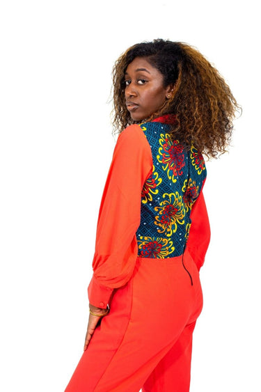 Smooth Visage Coral Red Ankara and Crepe Mix African Print Jumpsuit - Smooth Visage