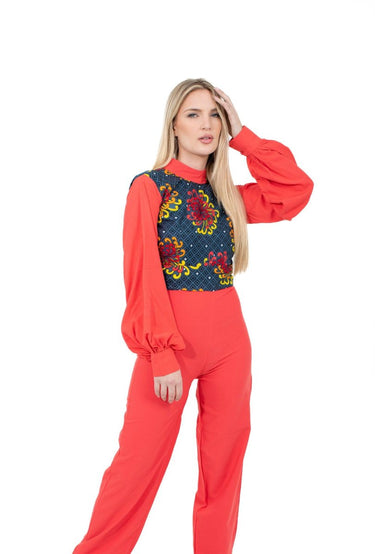 Smooth Visage Coral Red Ankara and Crepe Mix African Print Jumpsuit - Smooth Visage