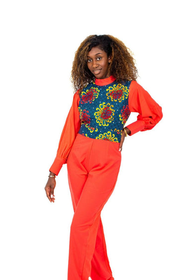 Smooth Visage Coral Red Ankara and Crepe Mix African Print Jumpsuit - Smooth Visage